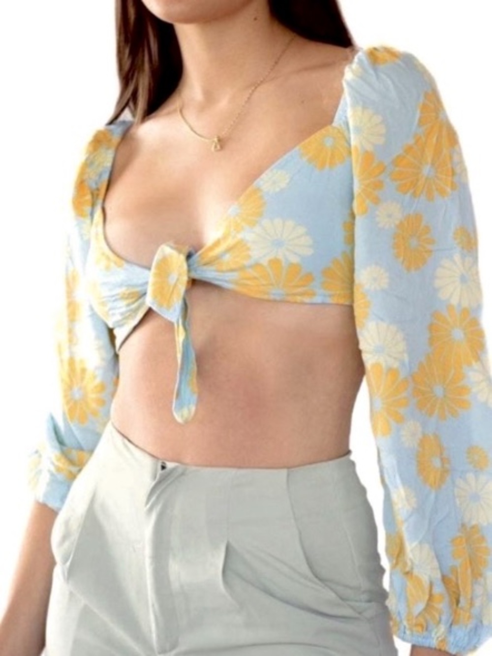 Pastel Daisy Floral Blue Knot Front Yellow Long Sleeve Crop Top Boho Festival XL